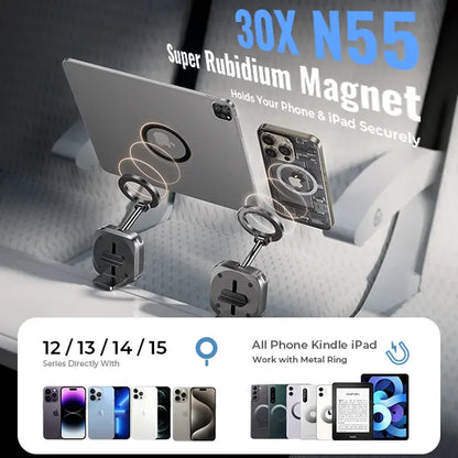 LISEN Magsafe Clip-On Cellphone Mount - 360° Rotatable, Folding Extendable Adjustable Selfie Stand, Hands-Free Strong Magnetic Mini Portable Mobile Phone Holder, Wireless Charging Accessories for Home, Airplane Travel