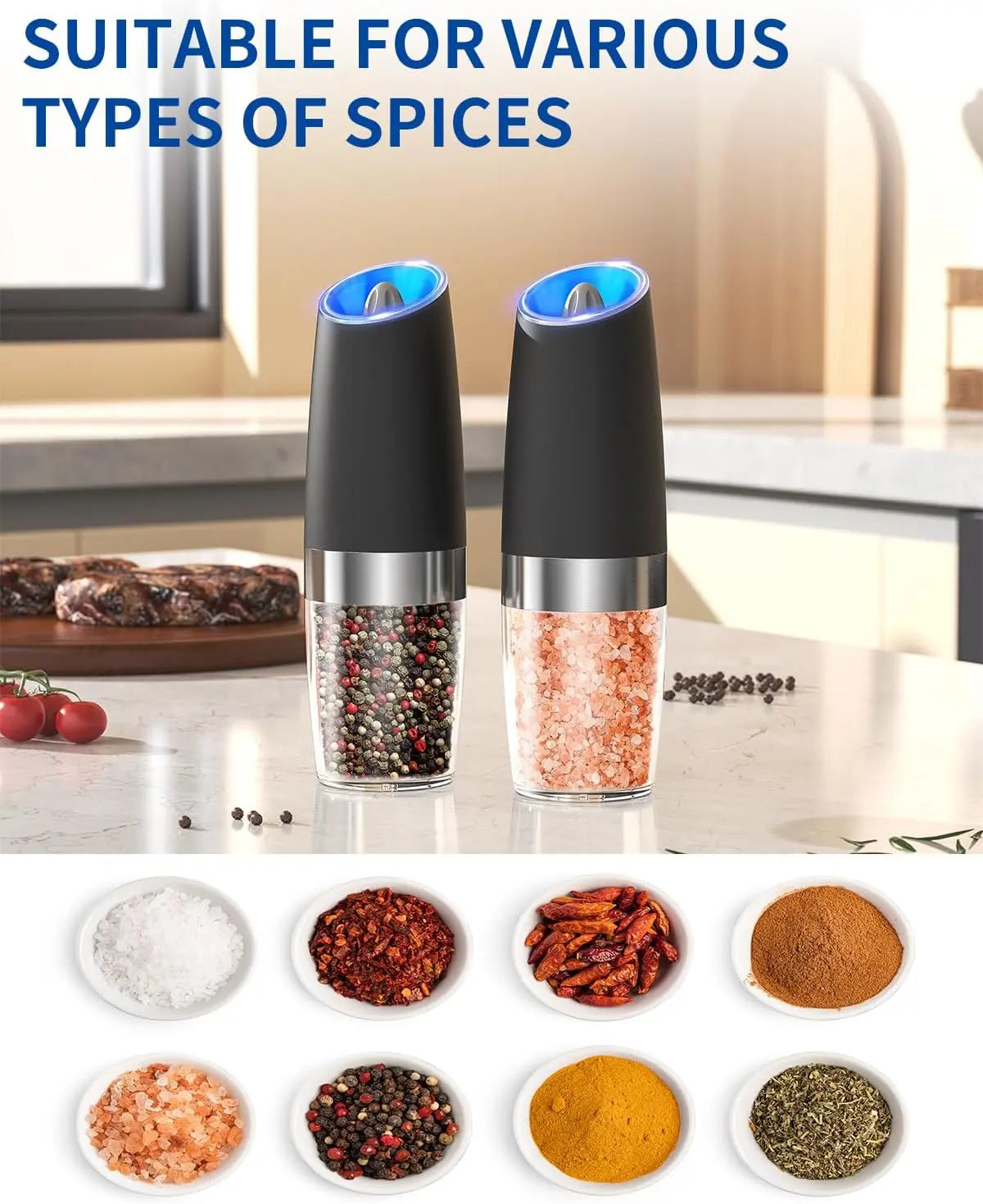 Gravity Electric Salt and Pepper Grinder Set - Automatic, Adjustable Coarseness, LED, One-Hand Operation - Perfect for Kitchen (Black)