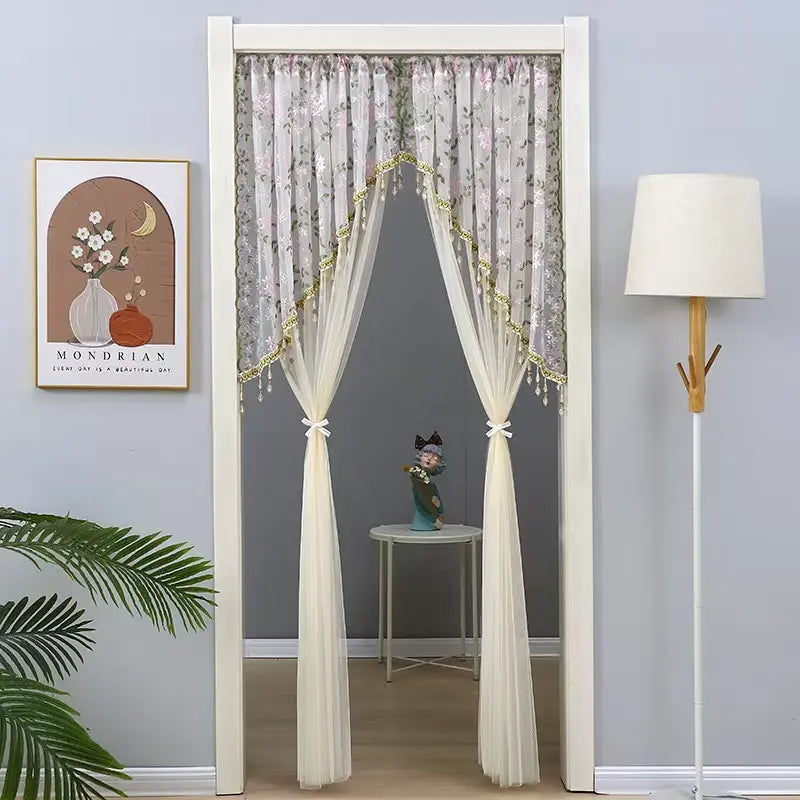 Elegant Sheer Floral Doorway Curtain with Tassel Trim - Stylish Privacy Room Divider for Bedroom, Closet, Kitchen & Apartment