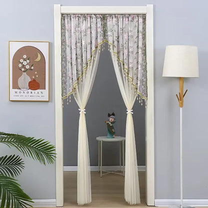 Elegant Sheer Floral Doorway Curtain with Tassel Trim - Stylish Privacy Room Divider for Bedroom, Closet, Kitchen & Apartment