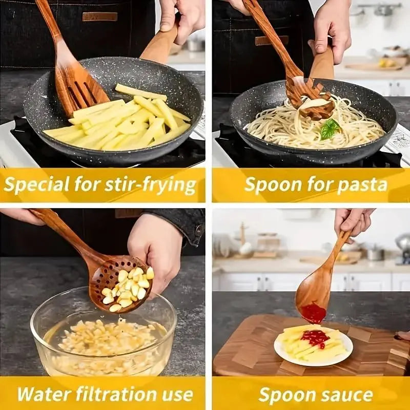 Premium 10-Piece Natural Wood Kitchen Utensil Set - Ergonomic, Heat-Resistant Spoons & Spatulas Perfect for Induction Cooktops