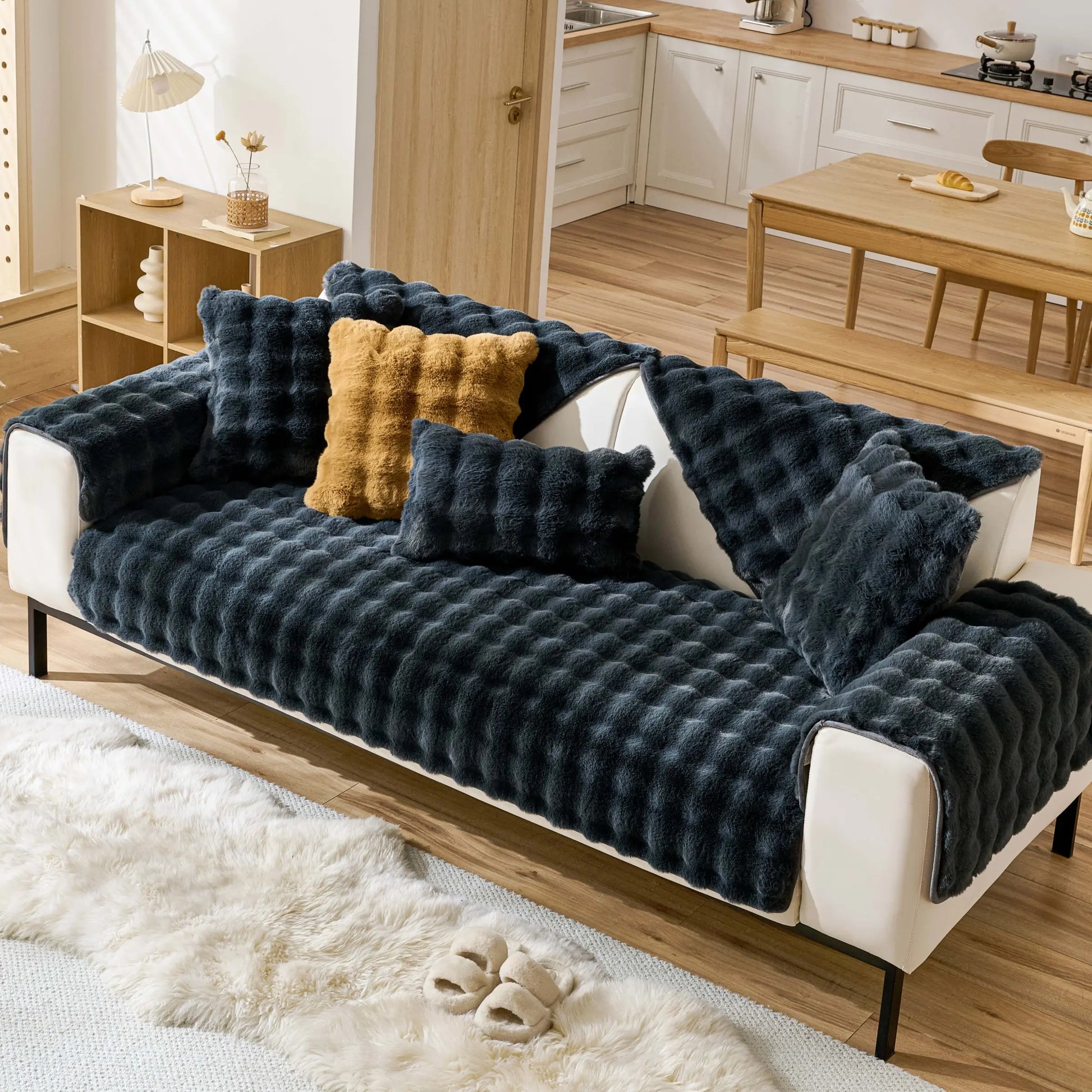 Fluffy Non-Slip Washable Plush Sofa Cushion Cover - Pet-Friendly Couch Protector Pad for Armchair, Loveseat, and 3-Seater - Stylish Living Room Decor