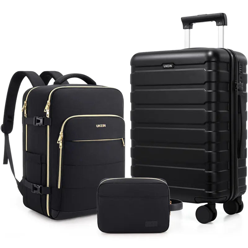 UKEIN Luggage Sets 3 Piece, Carry on Luggage 20In with Spinner Wheels,Pc Hardside Suitcase Set with TSA Lock,Durable Carry on Suitcase with Travel Backpack for Men (Black, 3 Piece Set (20Inch)),Back to School Shopping