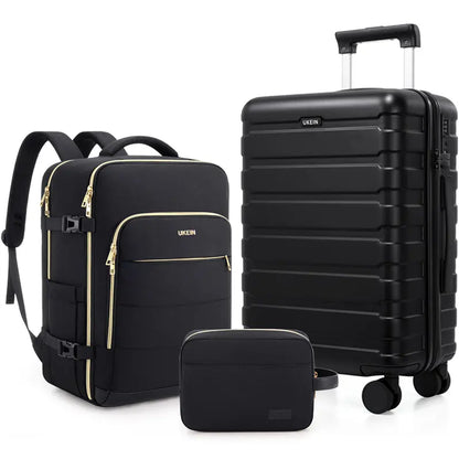 UKEIN Luggage Sets 3 Piece, Carry on Luggage 20In with Spinner Wheels,Pc Hardside Suitcase Set with TSA Lock,Durable Carry on Suitcase with Travel Backpack for Men (Black, 3 Piece Set (20Inch)),Back to School Shopping
