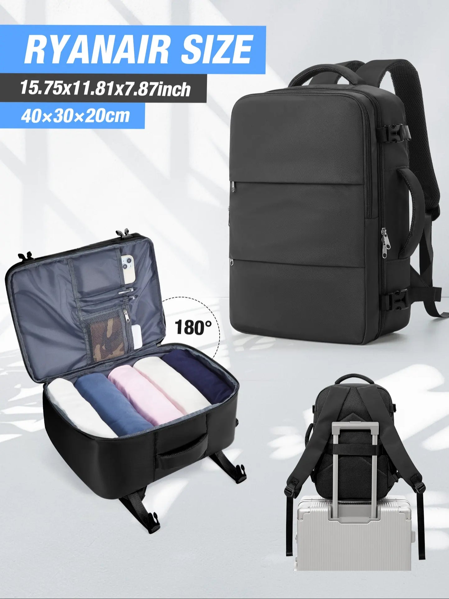 Ryanair Travel Backpack 40X30X20Cm, under Seat Cabin Bag, Unisex Shoulder Bag, Casual Daily Use, Lightweight Durable, Large Capacity, Portable Travel Bag