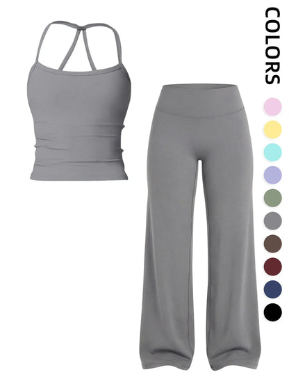 Women'S Sportswear Set, Matching Gym Set, Tank Top and Wide Leg Pants, Solid Color Yoga Straight Leg Pants, Comfortable Fashion Fitness Running