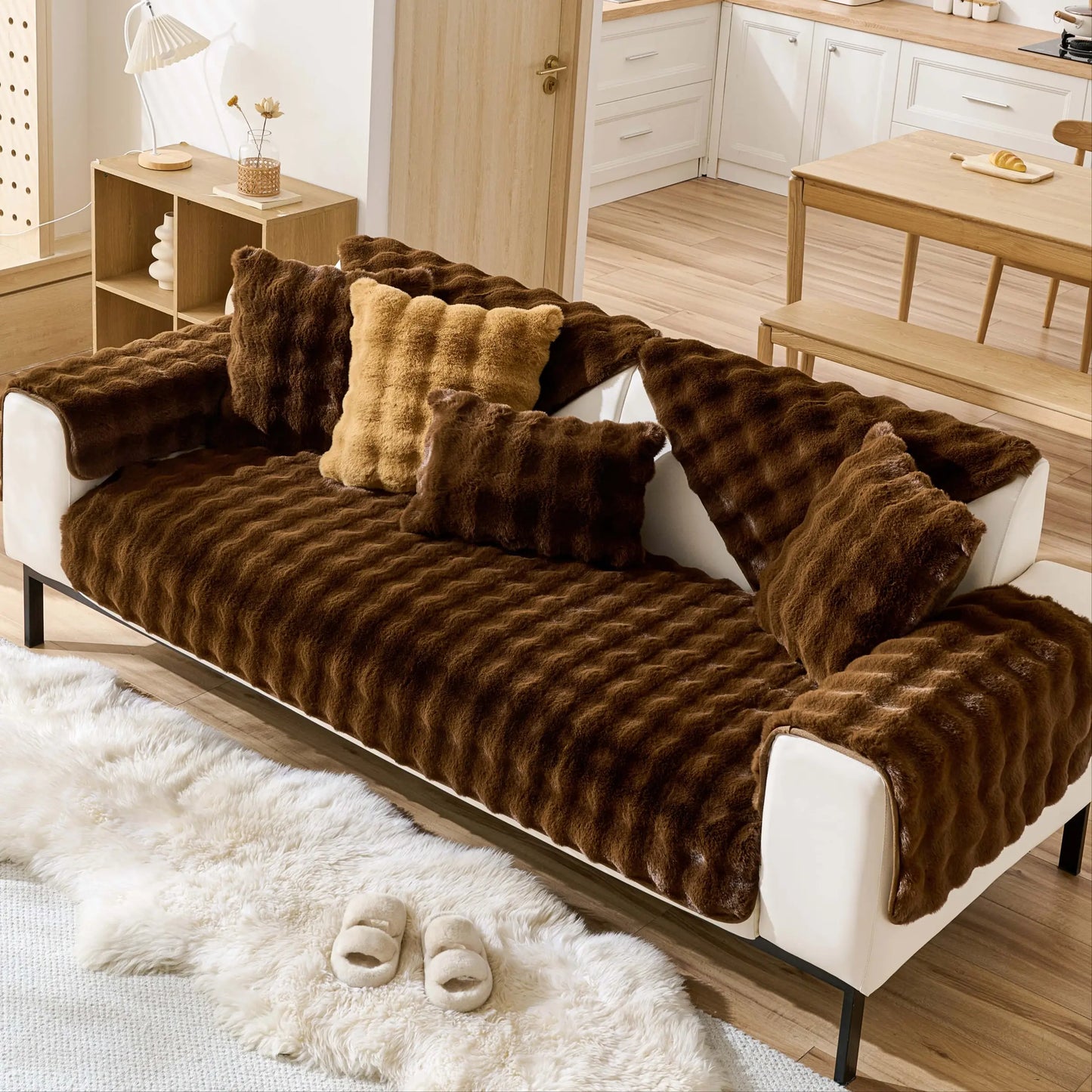 Fluffy Non-Slip Washable Plush Sofa Cushion Cover - Pet-Friendly Couch Protector Pad for Armchair, Loveseat, and 3-Seater - Stylish Living Room Decor