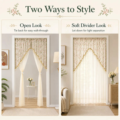 Elegant Sheer Floral Doorway Curtain with Tassel Trim - Stylish Privacy Room Divider for Bedroom, Closet, Kitchen & Apartment