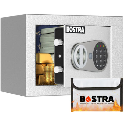 Bostra Mini Money Safe Box for Home with Sensor Light & Fireproof Money Bag - 0.23 Cubic Feet Security Safe Box with Digital Keypad Keys & Pass Code Lock Black for Coin Home Office Hotel Rooms Business Jewelry