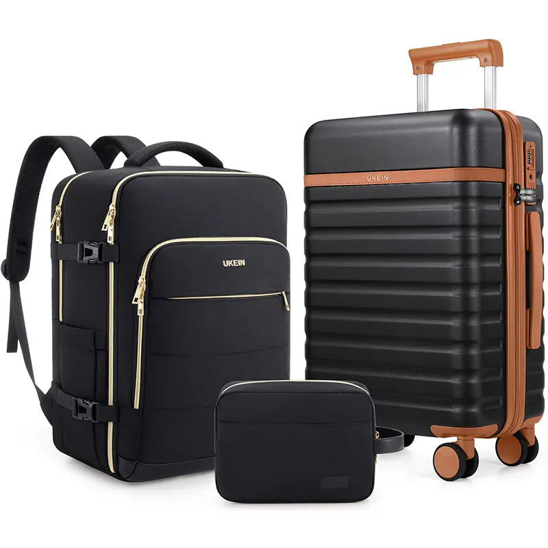 UKEIN Luggage Sets 3 Piece, Carry on Luggage 20In with Spinner Wheels,Pc Hardside Suitcase Set with TSA Lock,Durable Carry on Suitcase with Travel Backpack for Men (Black, 3 Piece Set (20Inch)),Back to School Shopping