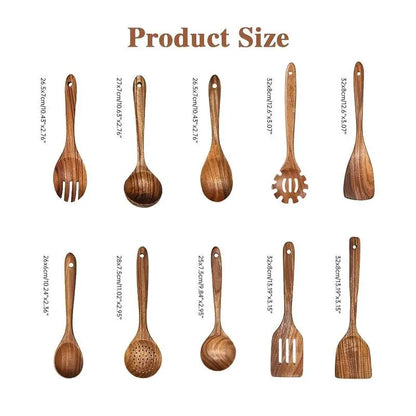 Premium 10-Piece Natural Wood Kitchen Utensil Set - Ergonomic, Heat-Resistant Spoons & Spatulas Perfect for Induction Cooktops
