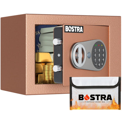 Bostra Mini Money Safe Box for Home with Sensor Light & Fireproof Money Bag - 0.23 Cubic Feet Security Safe Box with Digital Keypad Keys & Pass Code Lock Black for Coin Home Office Hotel Rooms Business Jewelry