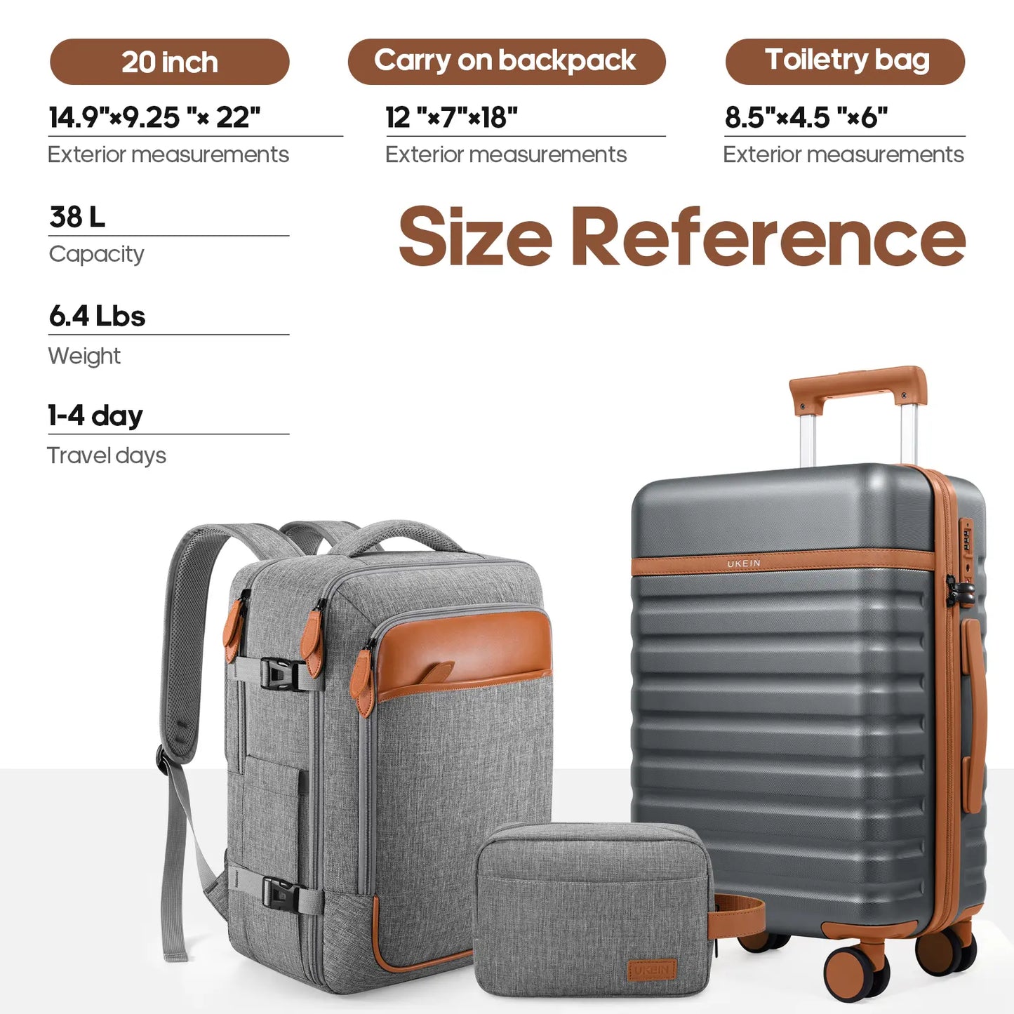 UKEIN Luggage Sets 3 Piece, Carry on Luggage 20In with Spinner Wheels,Pc Hardside Suitcase Set with TSA Lock,Durable Carry on Suitcase with Travel Backpack for Men (Black, 3 Piece Set (20Inch)),Back to School Shopping