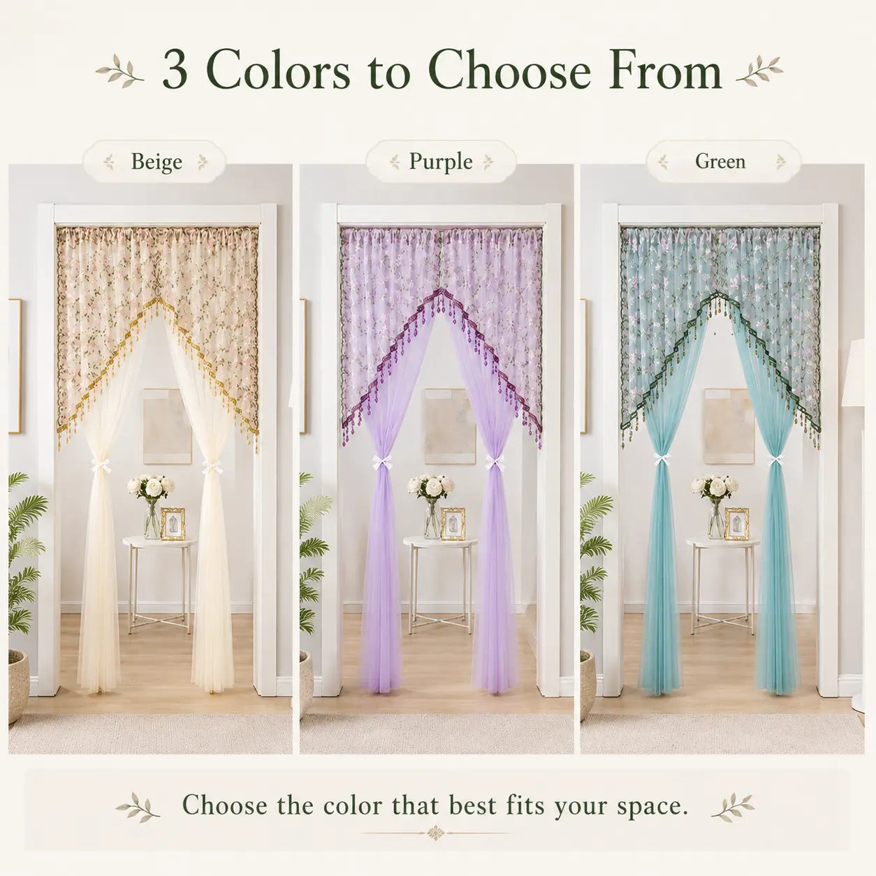 Elegant Sheer Floral Doorway Curtain with Tassel Trim - Stylish Privacy Room Divider for Bedroom, Closet, Kitchen & Apartment