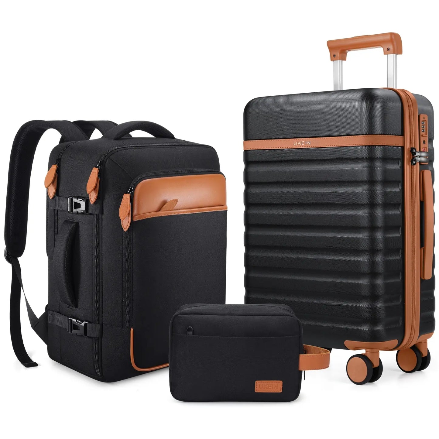 UKEIN Luggage Sets 3 Piece, Carry on Luggage 20In with Spinner Wheels,Pc Hardside Suitcase Set with TSA Lock,Durable Carry on Suitcase with Travel Backpack for Men (Black, 3 Piece Set (20Inch)),Back to School Shopping