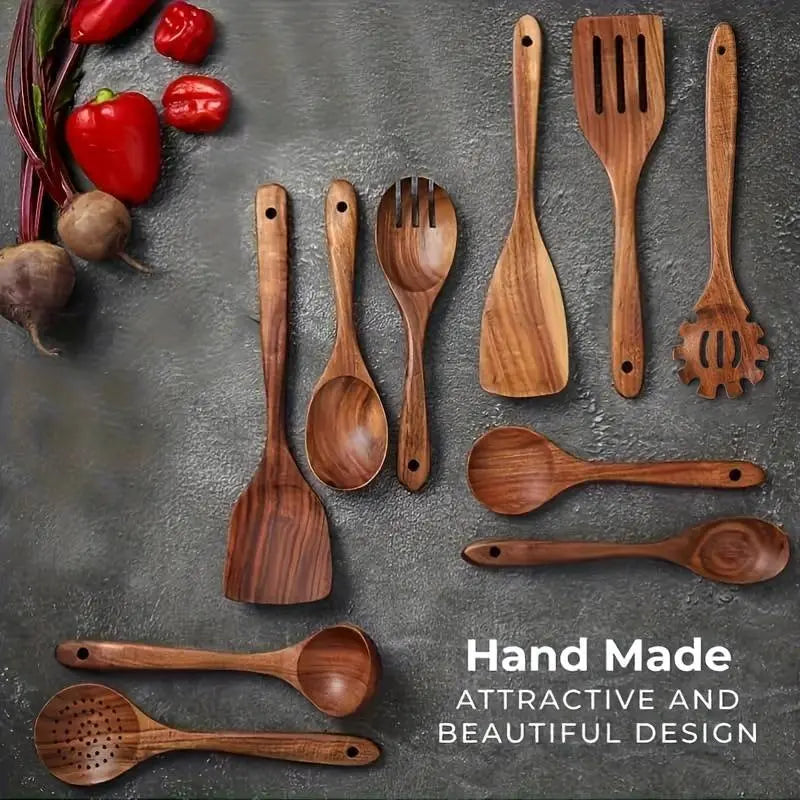 Premium 10-Piece Natural Wood Kitchen Utensil Set - Ergonomic, Heat-Resistant Spoons & Spatulas Perfect for Induction Cooktops