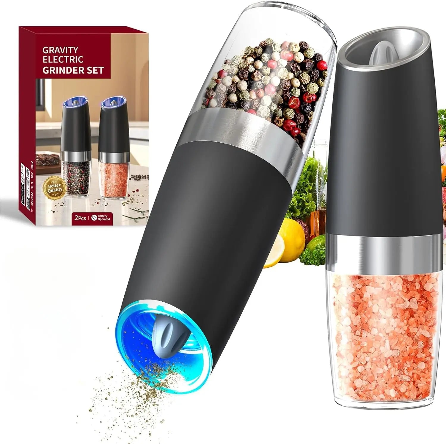 Gravity Electric Salt and Pepper Grinder Set - Automatic, Adjustable Coarseness, LED, One-Hand Operation - Perfect for Kitchen (Black)