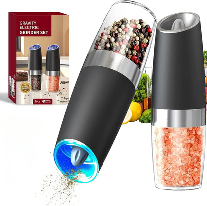 Gravity Electric Salt and Pepper Grinder Set - Automatic, Adjustable Coarseness, LED, One-Hand Operation - Perfect for Kitchen (Black)