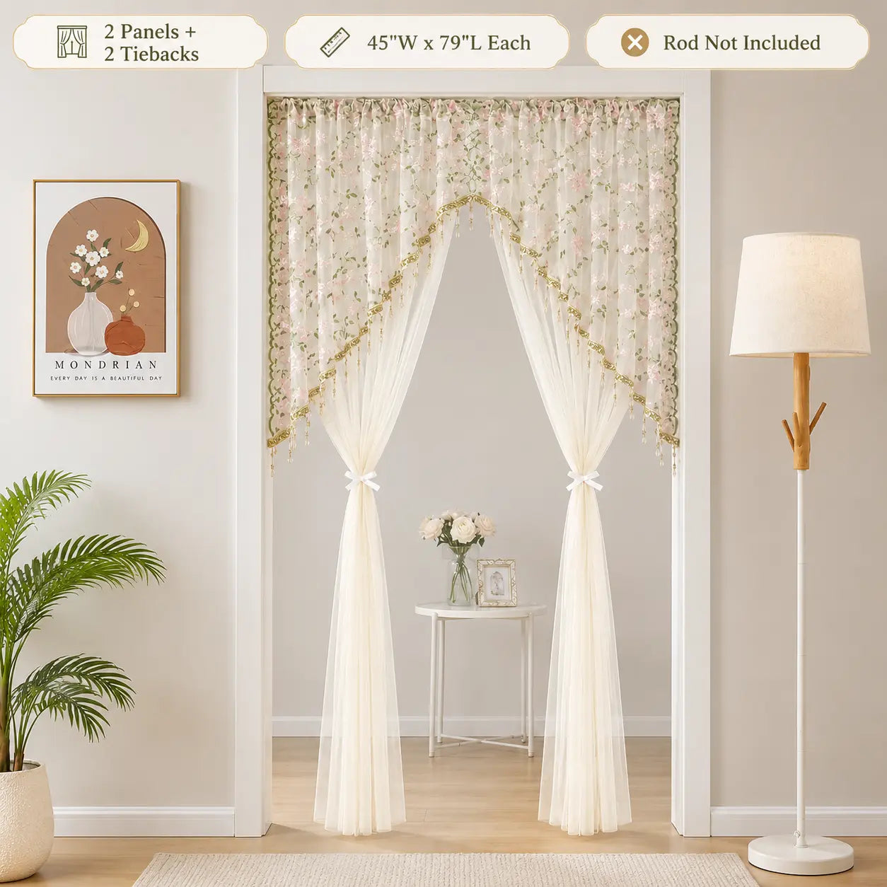 Elegant Sheer Floral Doorway Curtain with Tassel Trim - Stylish Privacy Room Divider for Bedroom, Closet, Kitchen & Apartment