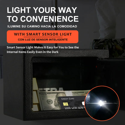 Bostra Mini Money Safe Box for Home with Sensor Light & Fireproof Money Bag - 0.23 Cubic Feet Security Safe Box with Digital Keypad Keys & Pass Code Lock Black for Coin Home Office Hotel Rooms Business Jewelry