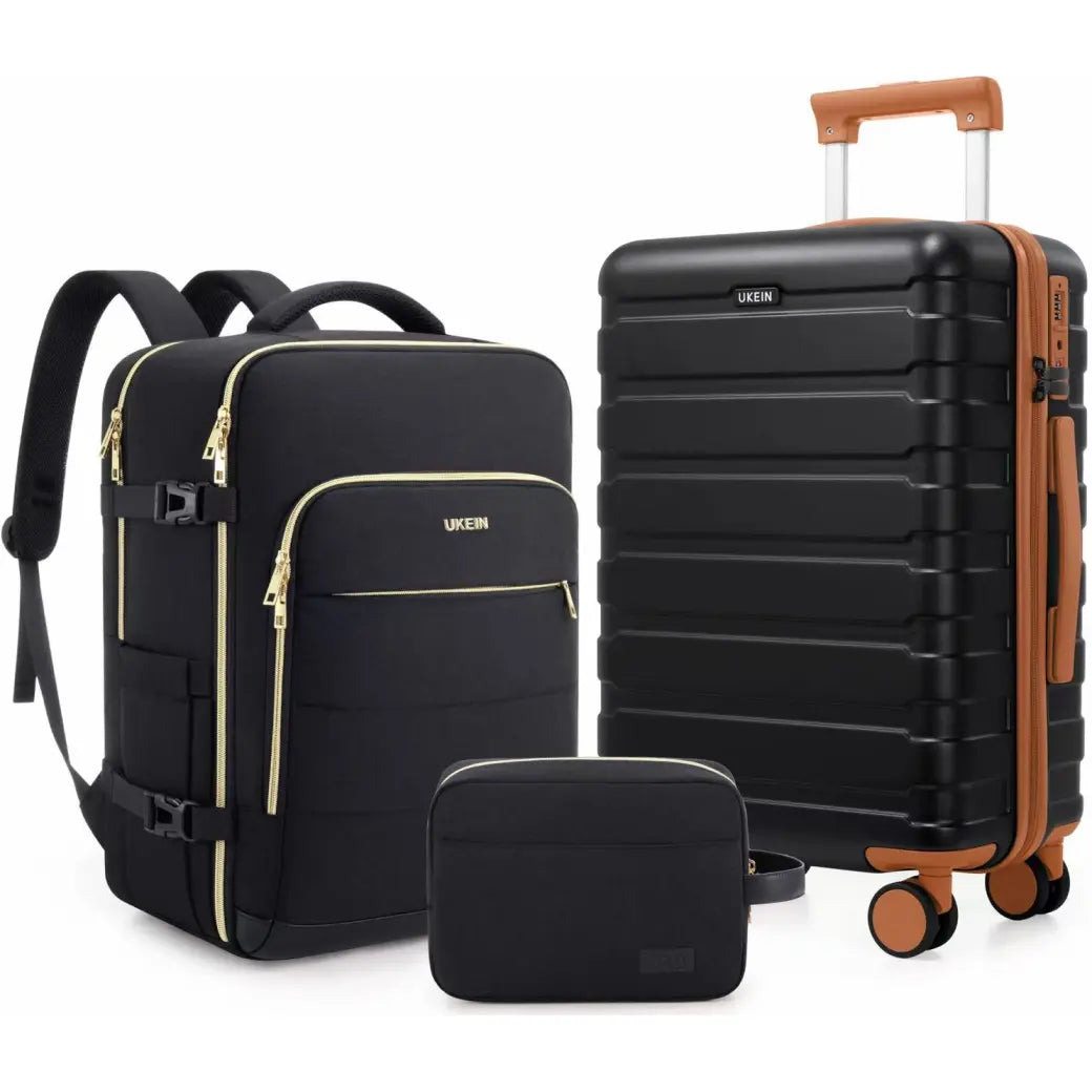 UKEIN Luggage Sets 3 Piece, Carry on Luggage 20In with Spinner Wheels,Pc Hardside Suitcase Set with TSA Lock,Durable Carry on Suitcase with Travel Backpack for Men (Black, 3 Piece Set (20Inch)),Back to School Shopping