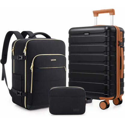 UKEIN Luggage Sets 3 Piece, Carry on Luggage 20In with Spinner Wheels,Pc Hardside Suitcase Set with TSA Lock,Durable Carry on Suitcase with Travel Backpack for Men (Black, 3 Piece Set (20Inch)),Back to School Shopping