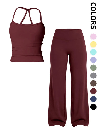 Women'S Sportswear Set, Matching Gym Set, Tank Top and Wide Leg Pants, Solid Color Yoga Straight Leg Pants, Comfortable Fashion Fitness Running