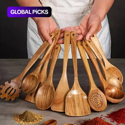 Premium 10-Piece Natural Wood Kitchen Utensil Set - Ergonomic, Heat-Resistant Spoons & Spatulas Perfect for Induction Cooktops
