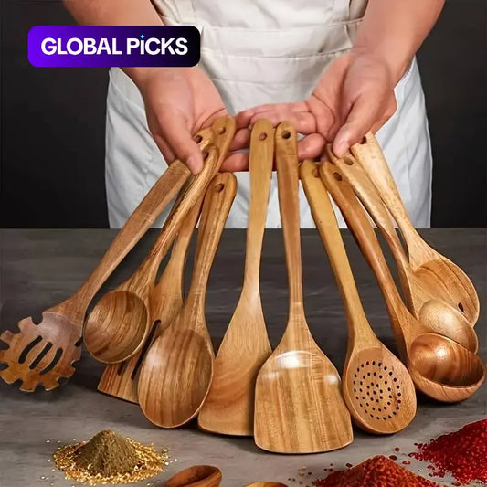 Premium 10-Piece Natural Wood Kitchen Utensil Set - Ergonomic, Heat-Resistant Spoons & Spatulas Perfect for Induction Cooktops