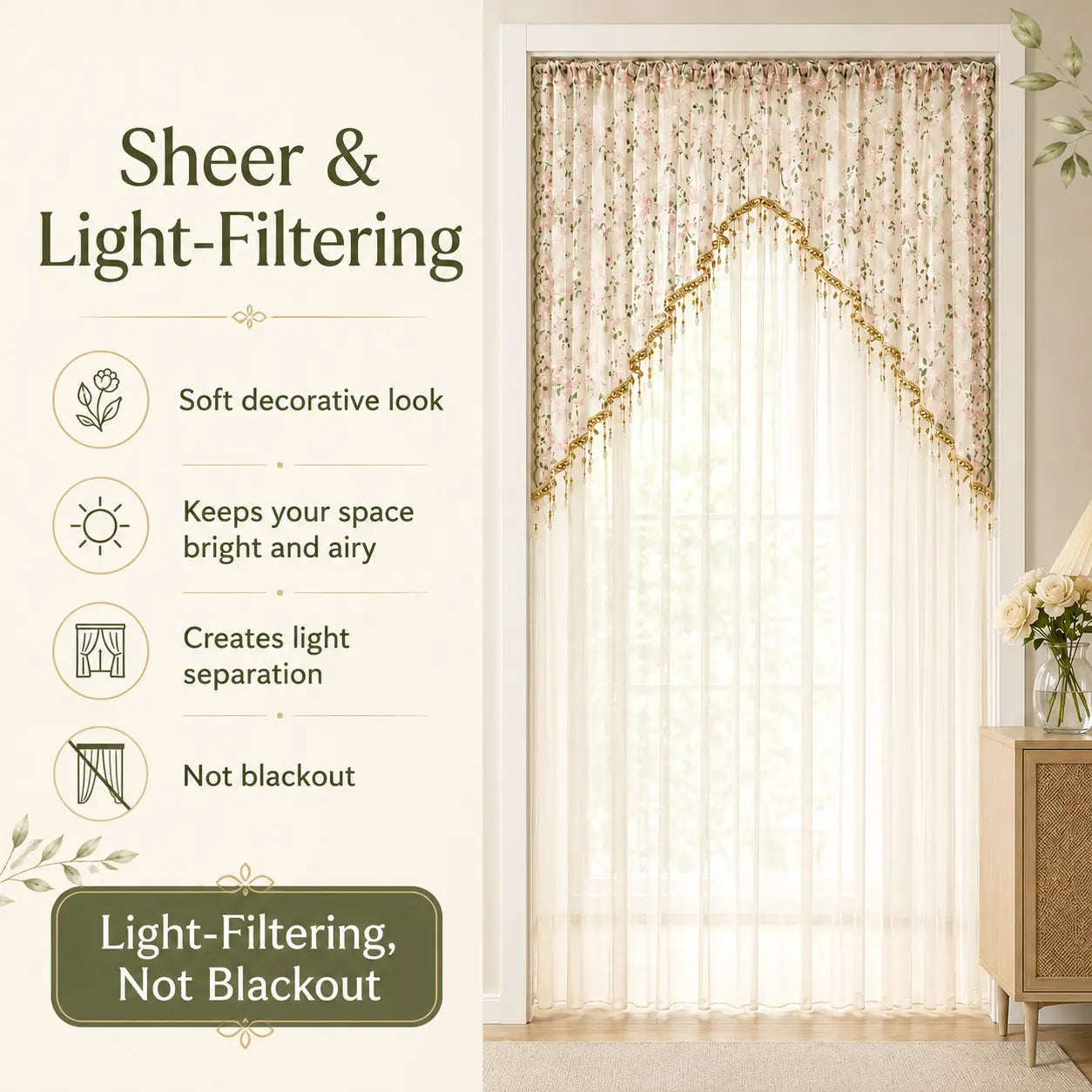 Elegant Sheer Floral Doorway Curtain with Tassel Trim - Stylish Privacy Room Divider for Bedroom, Closet, Kitchen & Apartment