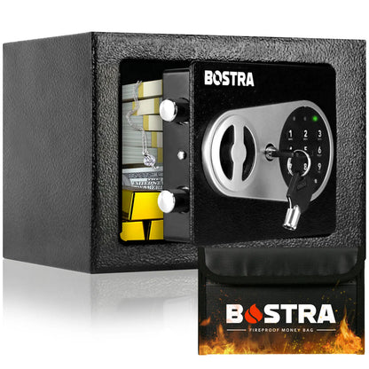 Bostra Mini Money Safe Box for Home with Sensor Light & Fireproof Money Bag - 0.23 Cubic Feet Security Safe Box with Digital Keypad Keys & Pass Code Lock Black for Coin Home Office Hotel Rooms Business Jewelry