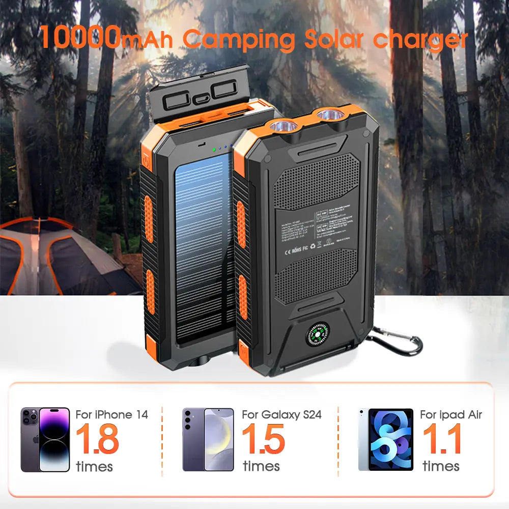 Citicr Solar Portable Charger -10000Mah Built-In 2 LED Flashlights, Waterproof and Dust-Proof, Compass, Climbing Buckle, USB-C Interface Output and Input, External Battery Pack Efficient Charging, Suitable for Outdoor Activities & Travel Modern