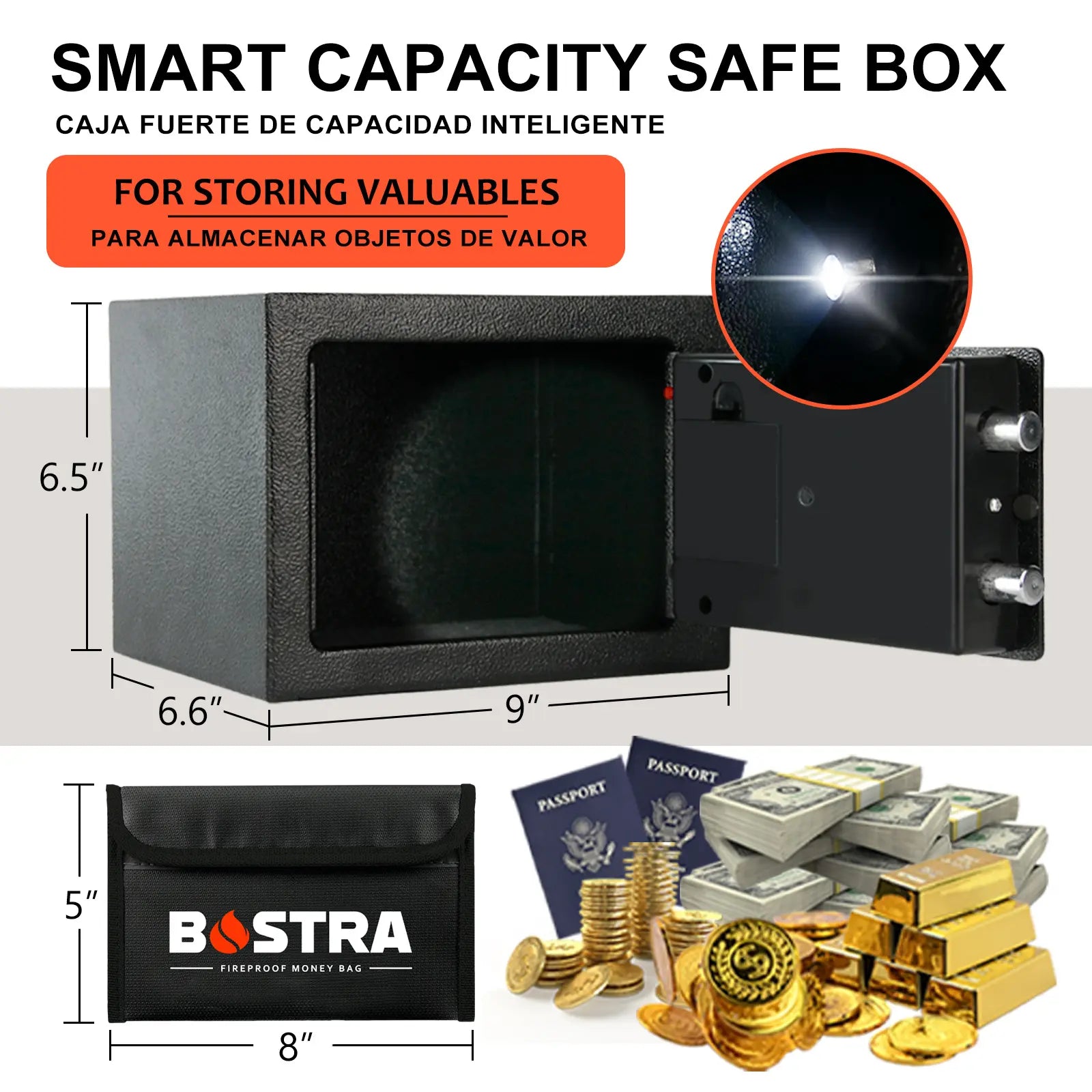 Bostra Mini Money Safe Box for Home with Sensor Light & Fireproof Money Bag - 0.23 Cubic Feet Security Safe Box with Digital Keypad Keys & Pass Code Lock Black for Coin Home Office Hotel Rooms Business Jewelry
