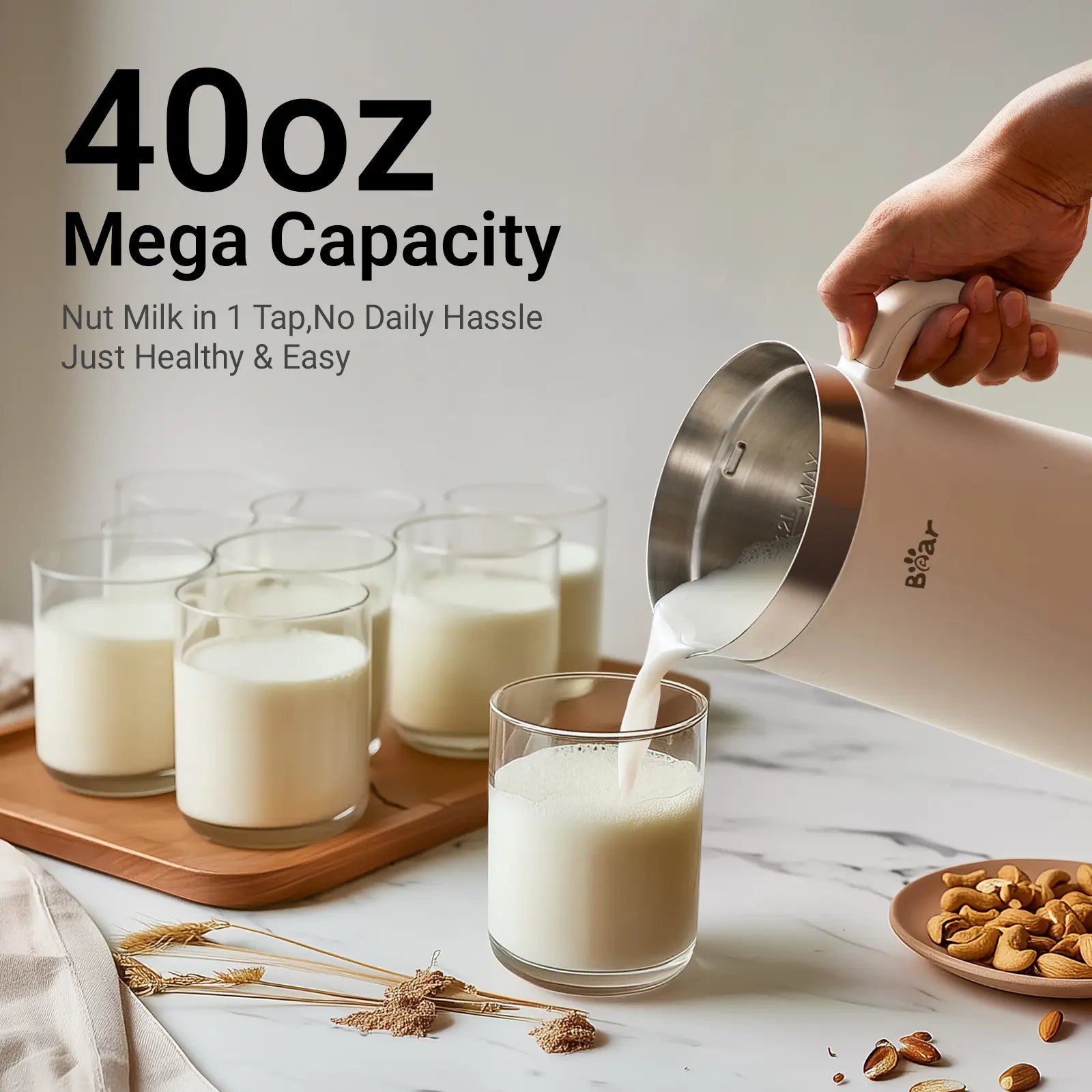 Bear 8-In-1 Nut Milk Maker - 40Oz Capacity, Self-Cleaning, 12H Delay, 6H Keep Warm, One-Touch Operation for Homemade Almond & Oat Milk