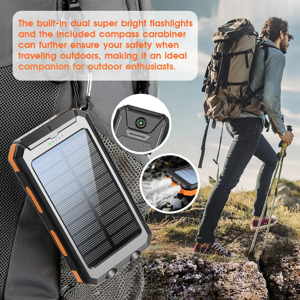 Citicr Solar Portable Charger -10000Mah Built-In 2 LED Flashlights, Waterproof and Dust-Proof, Compass, Climbing Buckle, USB-C Interface Output and Input, External Battery Pack Efficient Charging, Suitable for Outdoor Activities & Travel Modern