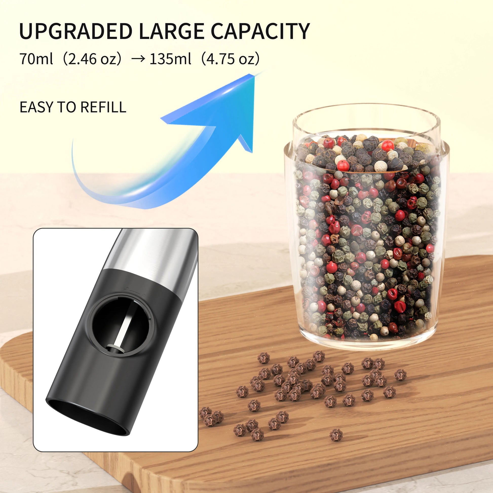 Gravity Electric Salt and Pepper Grinder Set - Automatic, Adjustable Coarseness, LED, One-Hand Operation - Perfect for Kitchen (Black)