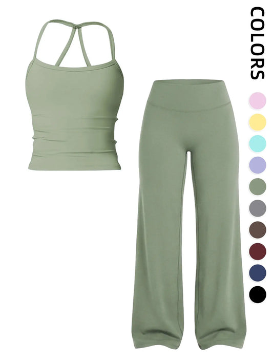 Women'S Sportswear Set, Matching Gym Set, Tank Top and Wide Leg Pants, Solid Color Yoga Straight Leg Pants, Comfortable Fashion Fitness Running