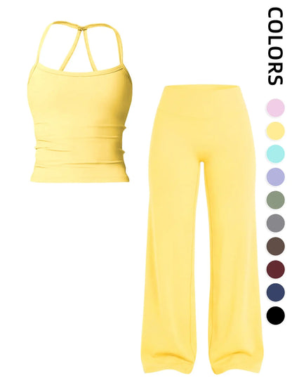 Women'S Sportswear Set, Matching Gym Set, Tank Top and Wide Leg Pants, Solid Color Yoga Straight Leg Pants, Comfortable Fashion Fitness Running