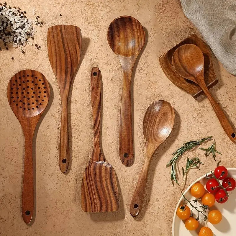 Premium 10-Piece Natural Wood Kitchen Utensil Set - Ergonomic, Heat-Resistant Spoons & Spatulas Perfect for Induction Cooktops