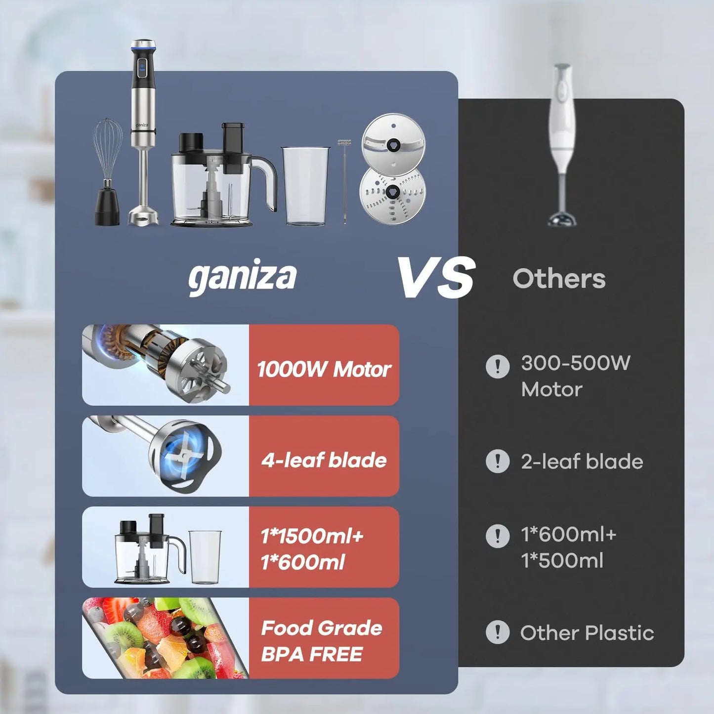 Ganiza 16-Speed Immersion Blender Set - 800W Stainless Steel Hand Blender with Whisk, Frother, Masher, and Recipe Guide - Perfect Kitchen Gift for Home Cooks
