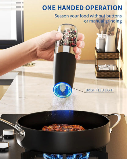 Gravity Electric Salt and Pepper Grinder Set - Automatic, Adjustable Coarseness, LED, One-Hand Operation - Perfect for Kitchen (Black)