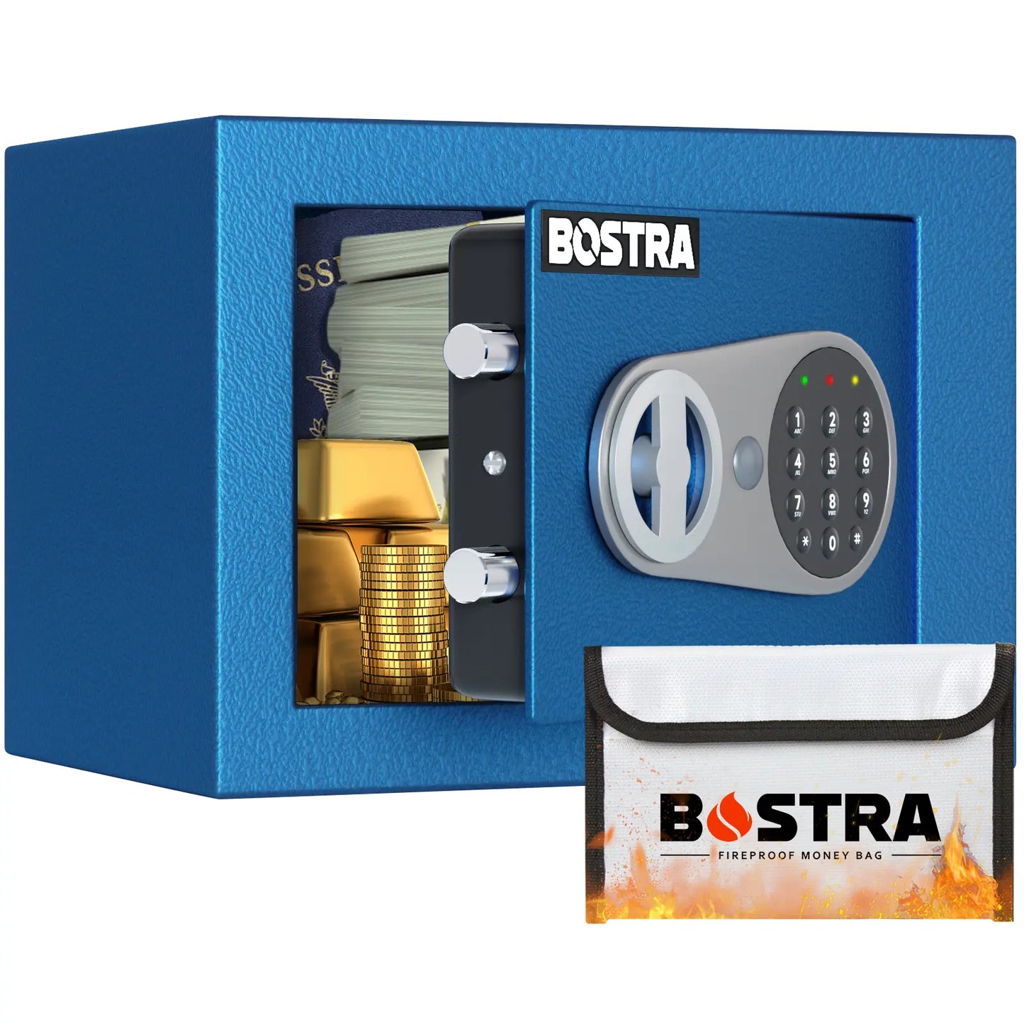 Bostra Mini Money Safe Box for Home with Sensor Light & Fireproof Money Bag - 0.23 Cubic Feet Security Safe Box with Digital Keypad Keys & Pass Code Lock Black for Coin Home Office Hotel Rooms Business Jewelry