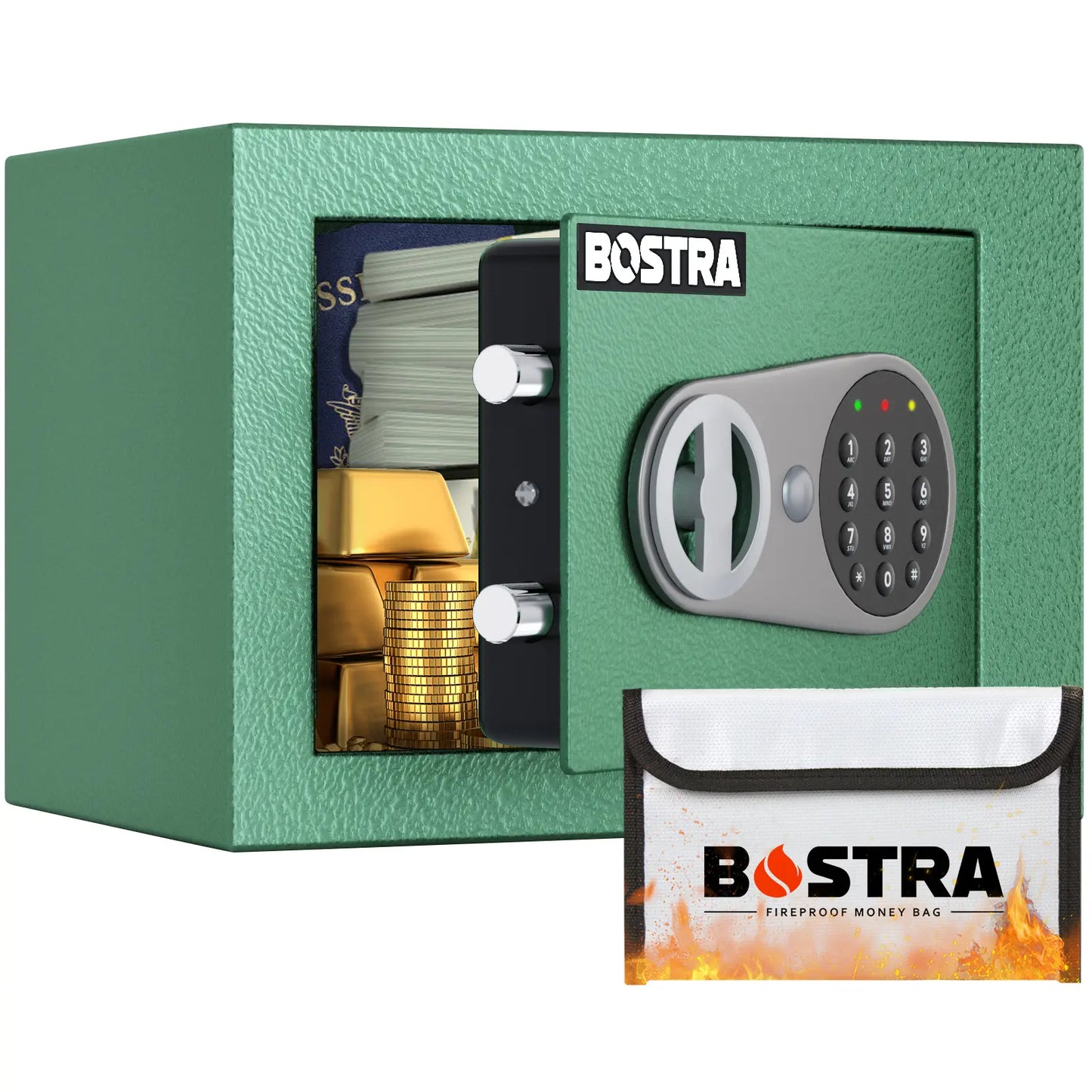 Bostra Mini Money Safe Box for Home with Sensor Light & Fireproof Money Bag - 0.23 Cubic Feet Security Safe Box with Digital Keypad Keys & Pass Code Lock Black for Coin Home Office Hotel Rooms Business Jewelry