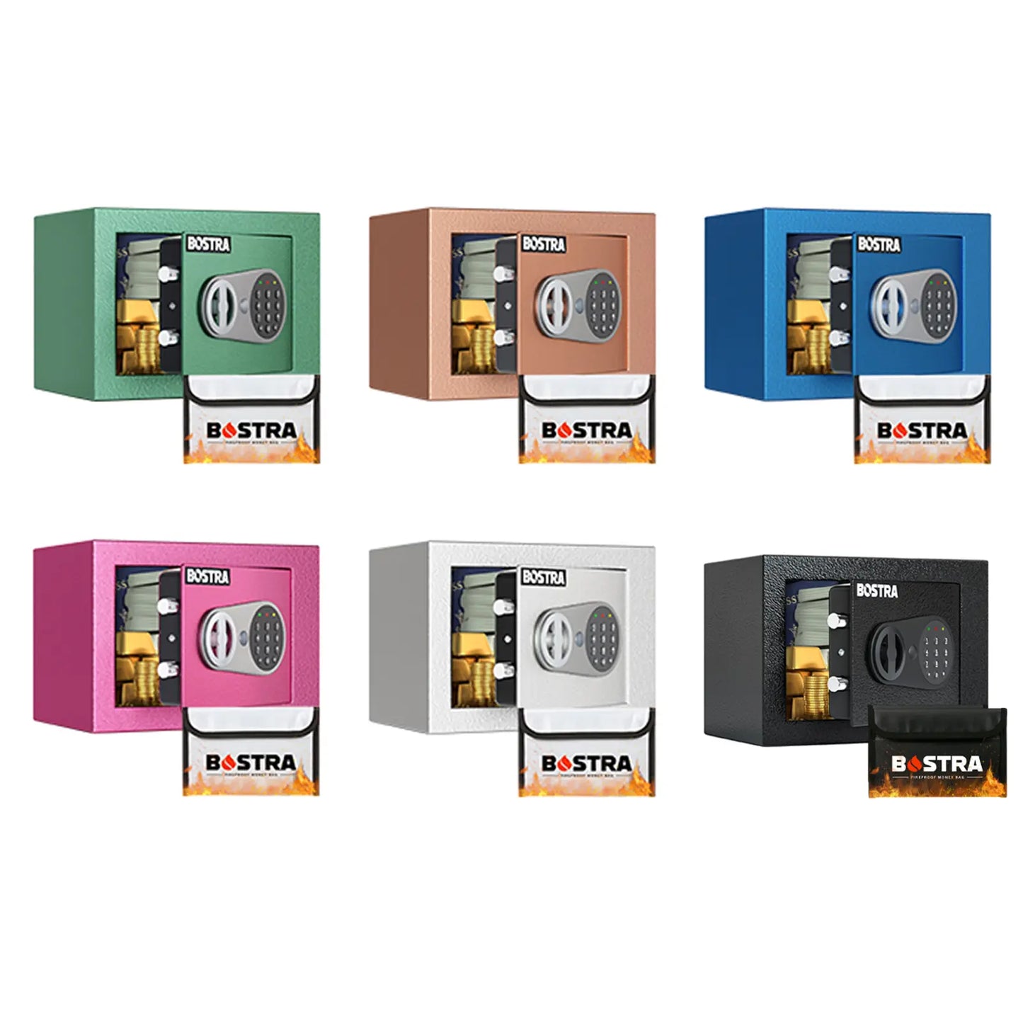 Bostra Mini Money Safe Box for Home with Sensor Light & Fireproof Money Bag - 0.23 Cubic Feet Security Safe Box with Digital Keypad Keys & Pass Code Lock Black for Coin Home Office Hotel Rooms Business Jewelry