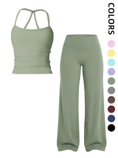 Women'S Sportswear Set, Matching Gym Set, Tank Top and Wide Leg Pants, Solid Color Yoga Straight Leg Pants, Comfortable Fashion Fitness Running
