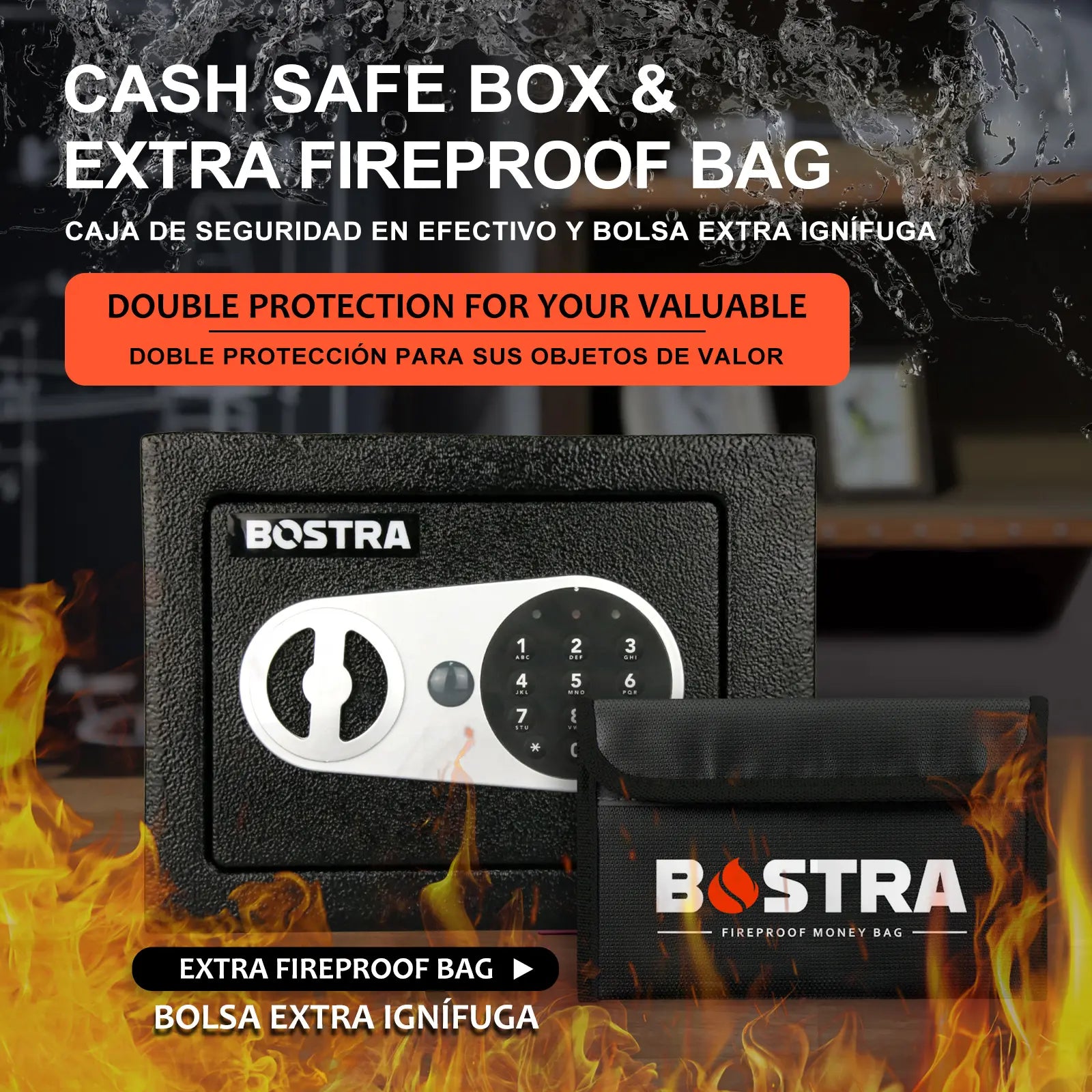 Bostra Mini Money Safe Box for Home with Sensor Light & Fireproof Money Bag - 0.23 Cubic Feet Security Safe Box with Digital Keypad Keys & Pass Code Lock Black for Coin Home Office Hotel Rooms Business Jewelry