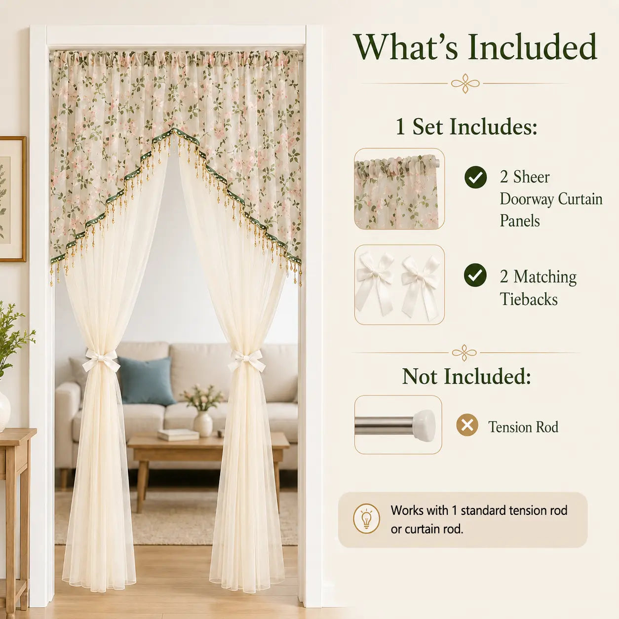 Elegant Sheer Floral Doorway Curtain with Tassel Trim - Stylish Privacy Room Divider for Bedroom, Closet, Kitchen & Apartment