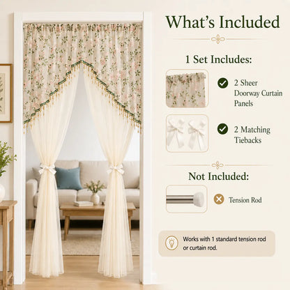 Elegant Sheer Floral Doorway Curtain with Tassel Trim - Stylish Privacy Room Divider for Bedroom, Closet, Kitchen & Apartment