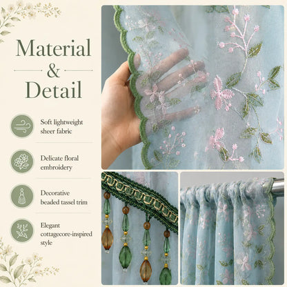 Elegant Sheer Floral Doorway Curtain with Tassel Trim - Stylish Privacy Room Divider for Bedroom, Closet, Kitchen & Apartment
