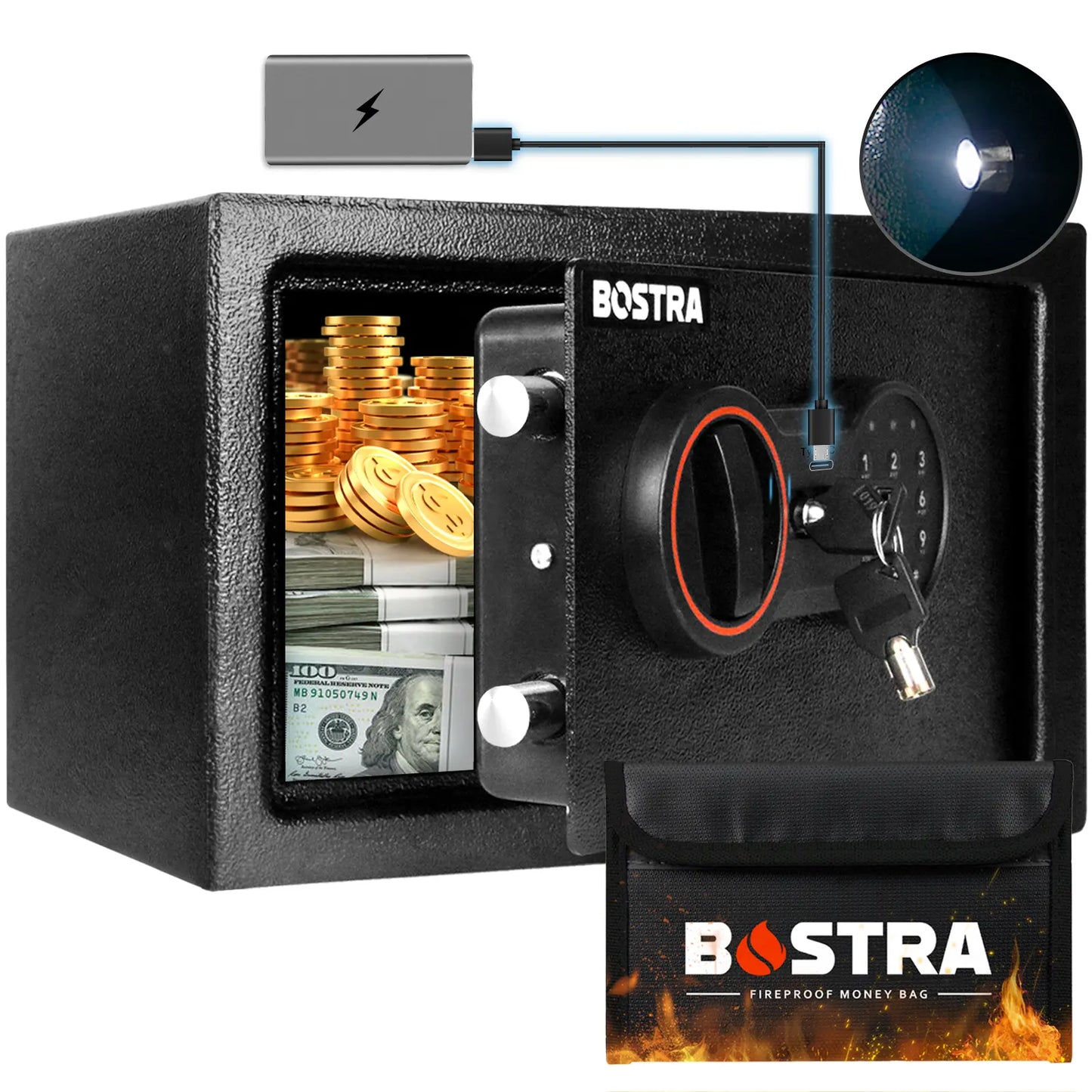 Bostra Mini Money Safe Box for Home with Sensor Light & Fireproof Money Bag - 0.23 Cubic Feet Security Safe Box with Digital Keypad Keys & Pass Code Lock Black for Coin Home Office Hotel Rooms Business Jewelry